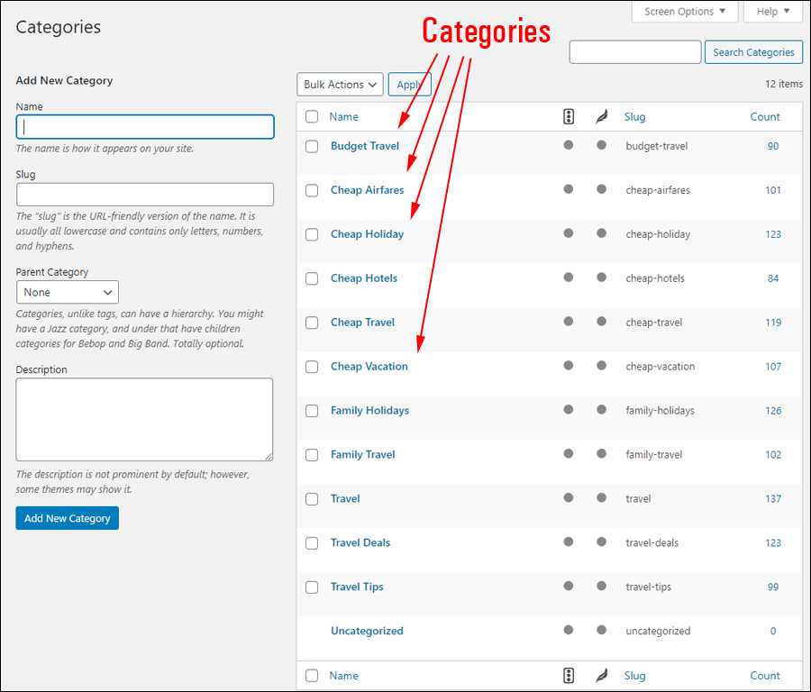 WordPress Post categories screen.