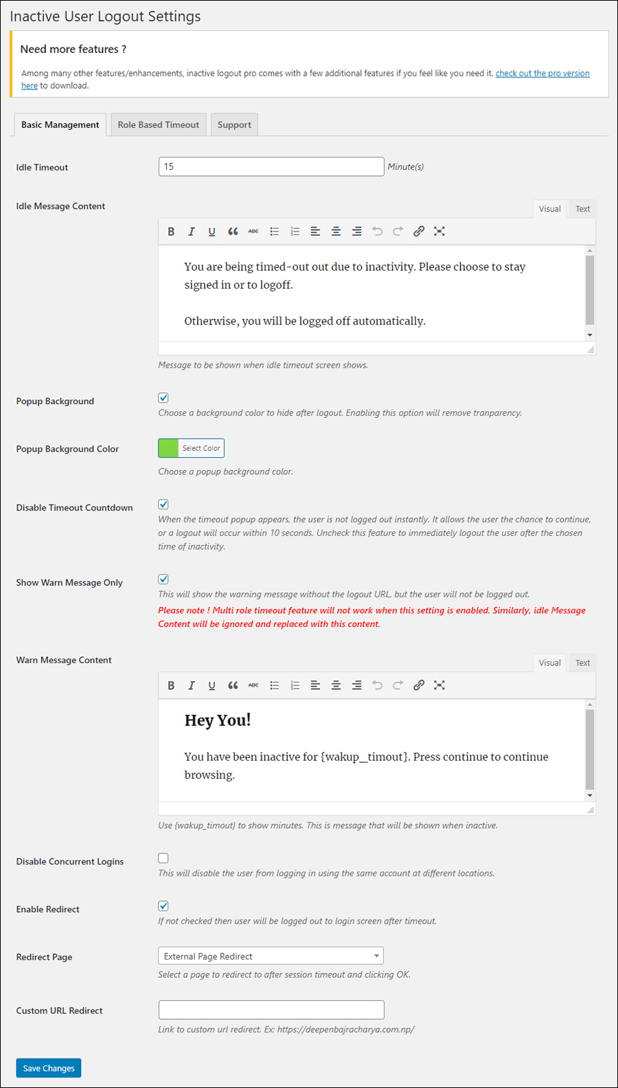 Inactive User Logout Settings screen.