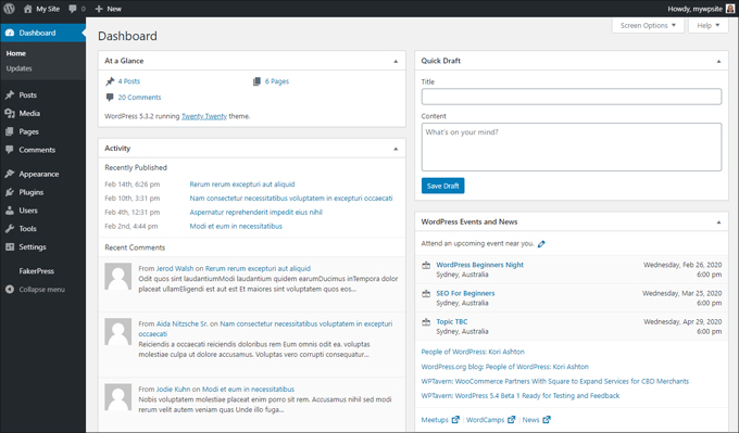 The WordPress Dashboard.