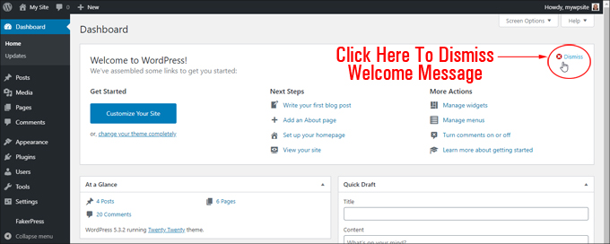 Click to dismiss the Welcome Message.