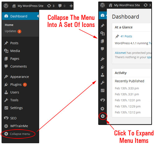 WordPress Dashboard main menu collapsed and expanded.