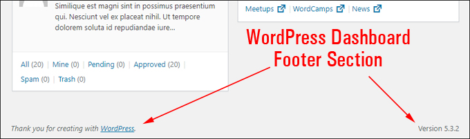 WordPress Dashboard Footer section.