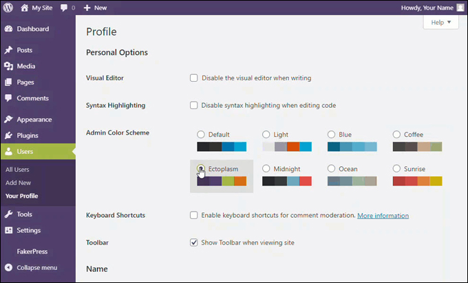 WordPress admin color scheme - ectoplasm