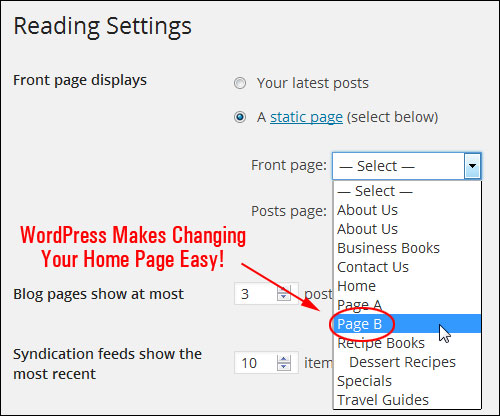 Reading Settings > Front Page drop-down menu.