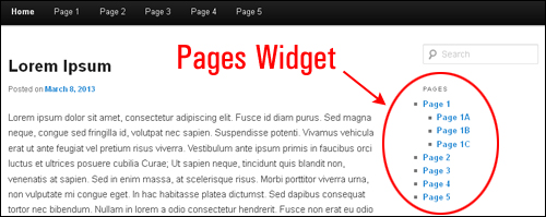 Pages Widget displaying a list of pages on the sidebar.