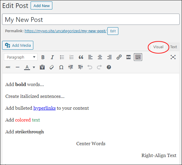 WordPress visual editor with examples of text-based content added.