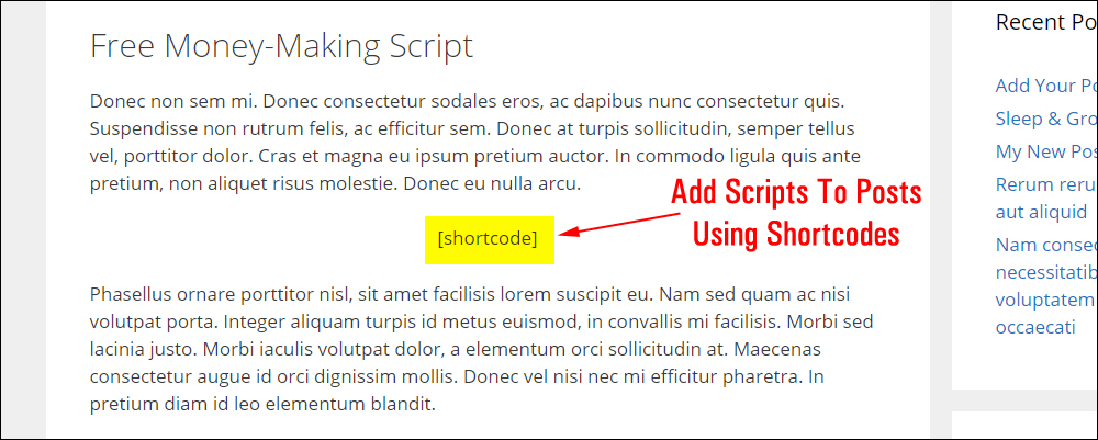 Example WordPress post with script shortcode added to content.