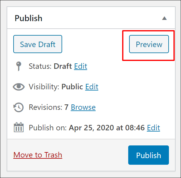 WordPress Post Publishing Section - Post Preview button.