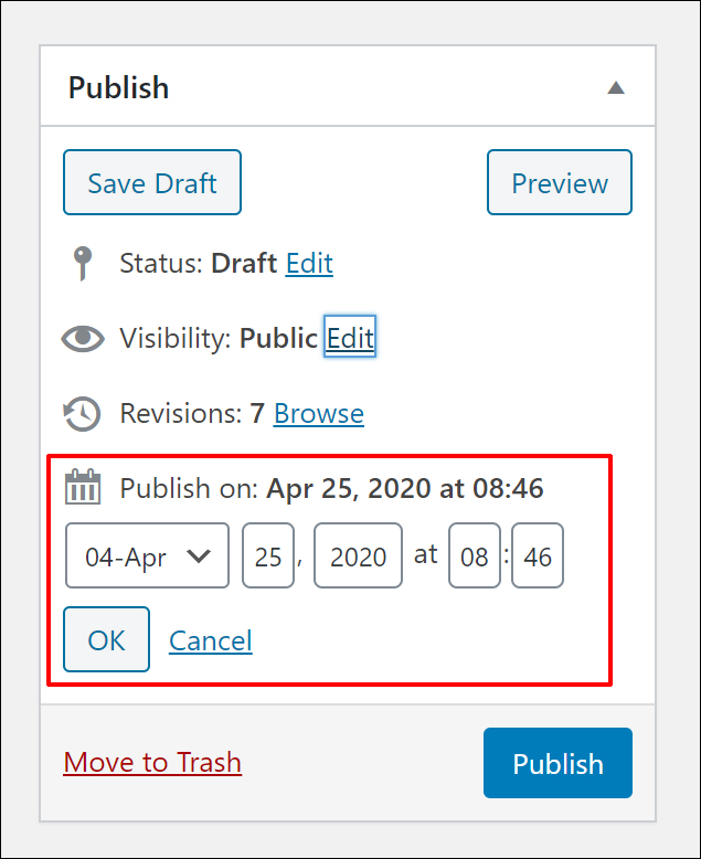 WordPress Post Publishing Section - Set date and time to publish your post.