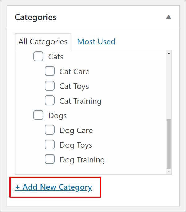 WordPress Post Categories Section - Add New Category