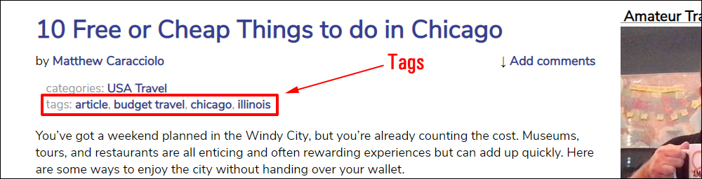 WordPress theme displaying tags section at the top of the post.