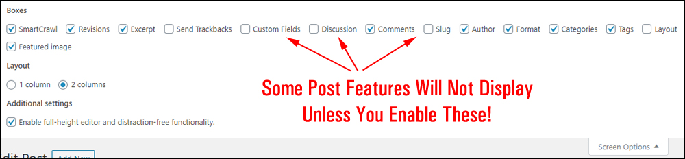 Additional post sections in Screen Options Tab