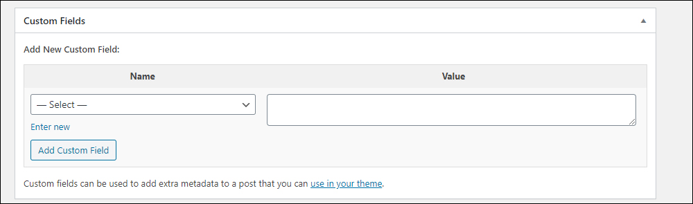 WordPress Post Custom Fields section.