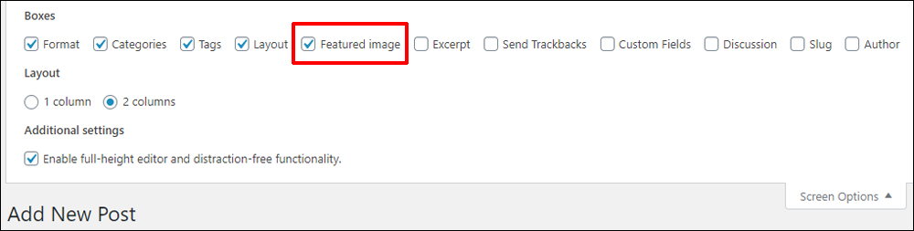 Featured Image enabled - Screen Options Tab