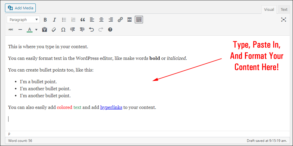 WordPress Visual Content Editor.