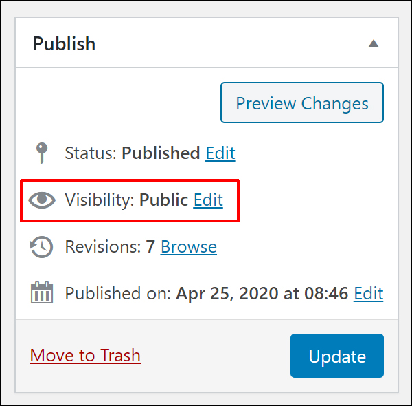 WordPress Post Publishing Section - Post Visibility settings.