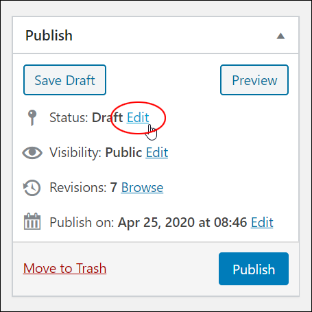 WordPress Post Publish section - Draft Status: Edit