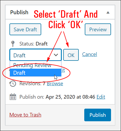 WordPress Post Publish section - Draft Status