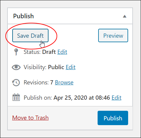 WordPress Post Publish section - Save Draft button.