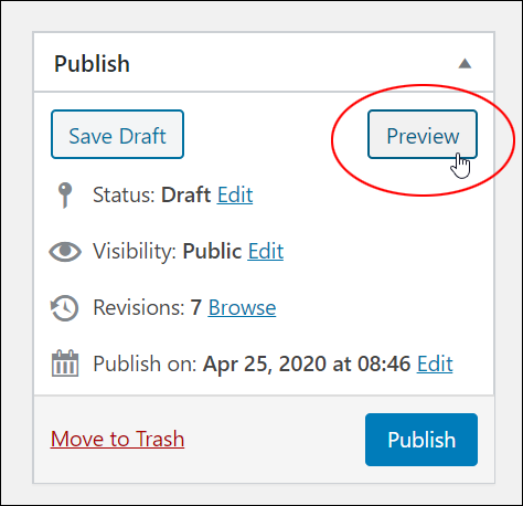 WordPress Post Publish - Preview button.