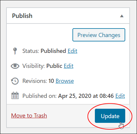 WordPress Post Publish Section - Update button.