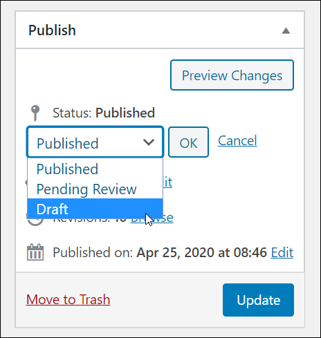 WordPress Post Status menu.