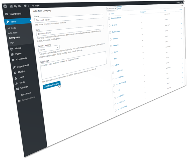 WordPress post categories screen.