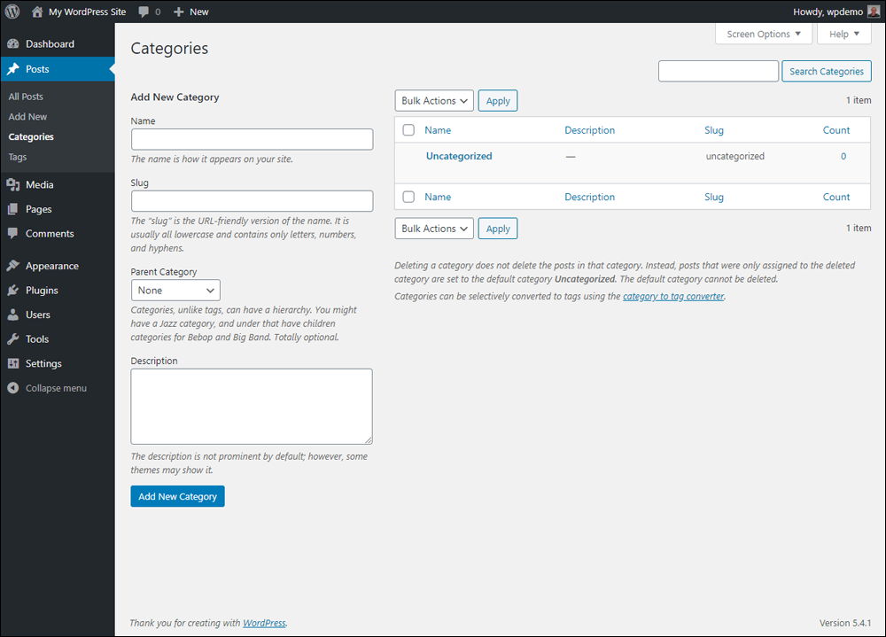 WordPress Post Categories screen.