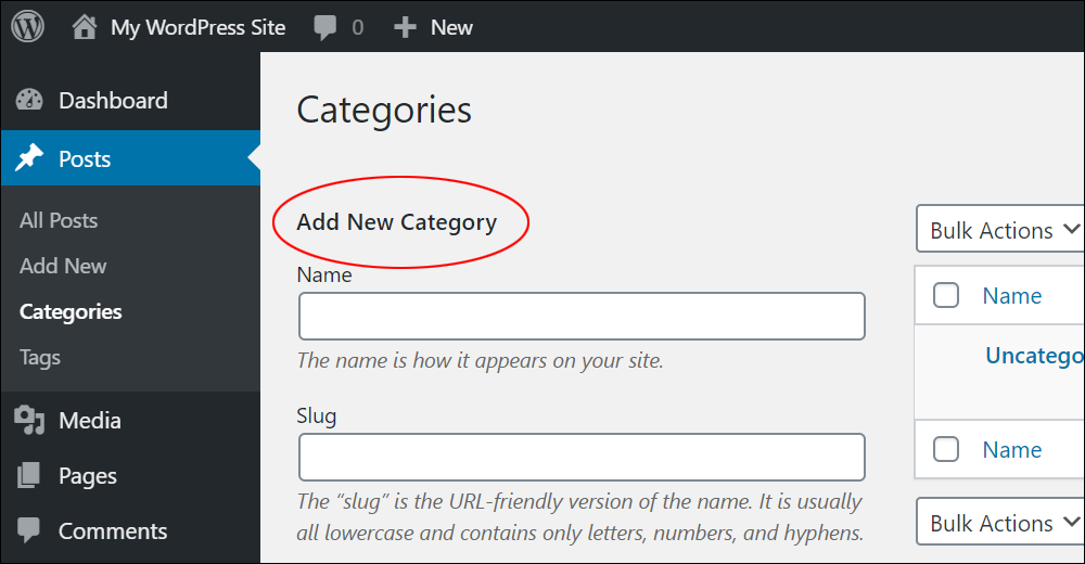 WordPress Post Categories screen - Add New Category