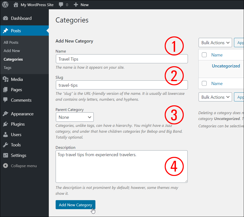 WordPress Post Categories screen - Add New Category fields