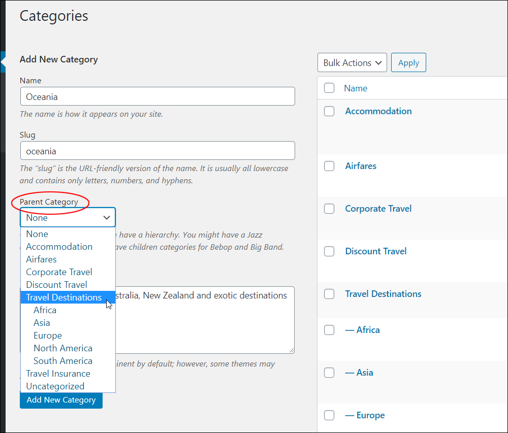 WordPress Post Categories > Parent Category section with drop-down menu.