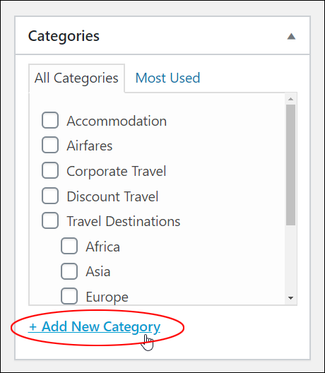 WordPress Post Category section - Add New Category