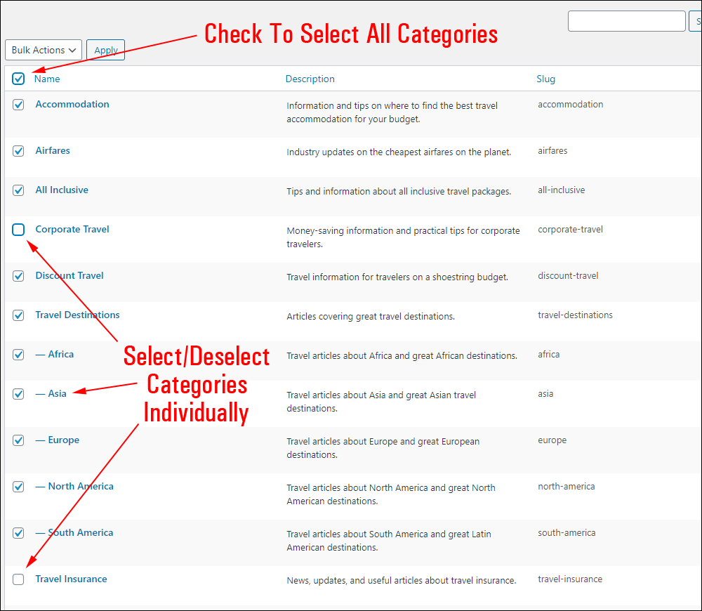 Bulk Selecting/Unselecting Post Categories.