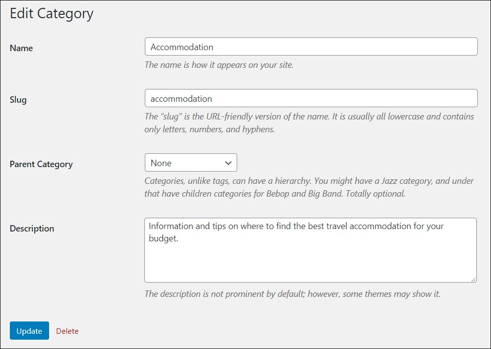 Post categories > Edit Category screen.