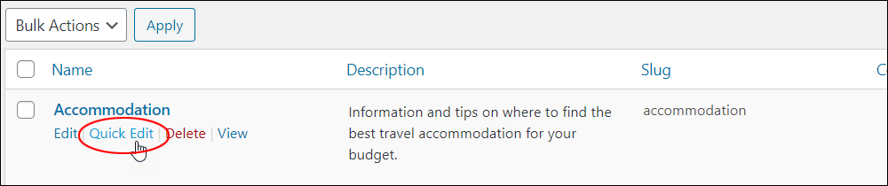Post Categories - Quick Edit link.