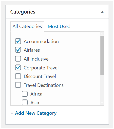 WordPress Post Category section with multiple post categories selected.