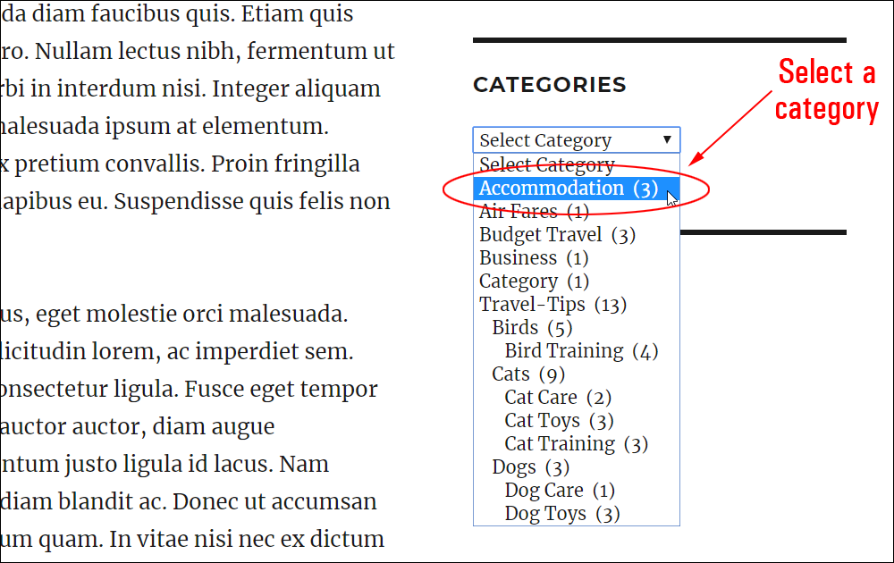 Categories drop-down menu with a category selected.