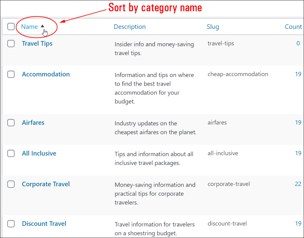 Sort Table of Categories by category name.