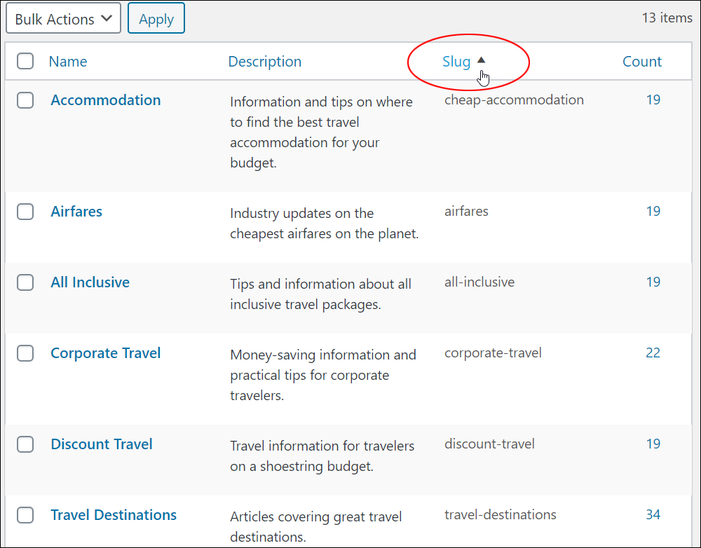 WordPress Post Categories Table - Sorting categories by columns.