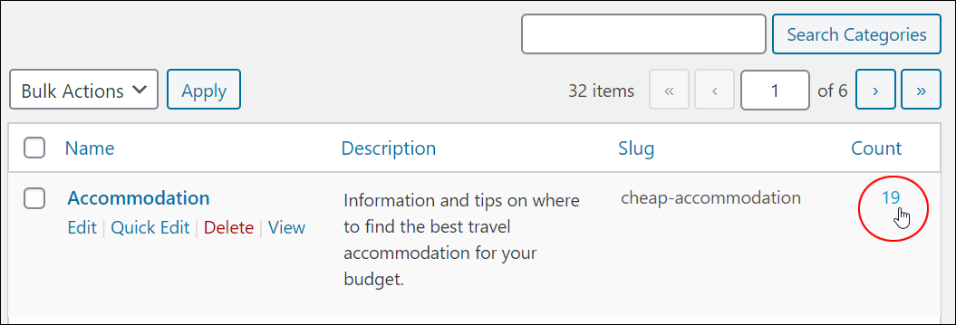 WordPress Categories Table - Count Column