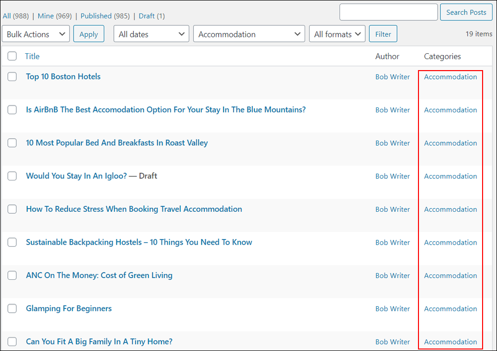 WordPress Table of Posts - Posts grouped by category.