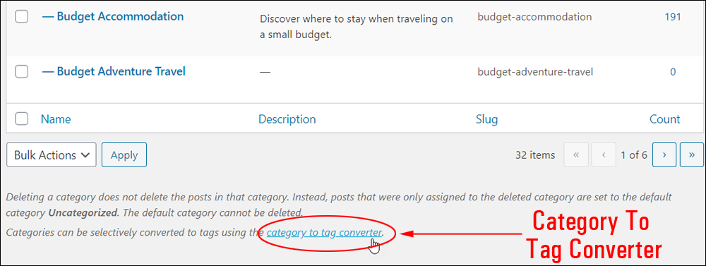 WordPress Table of Categories - Category to Tag converter link