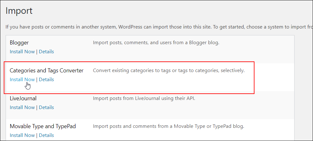 Tools > Import screen - Categories and Tags Converter