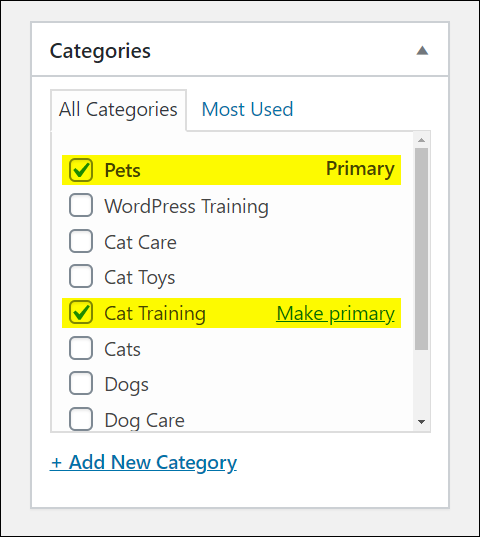 WordPress Post Categories section - Multiple categories selected with 'Make Primary' feature.