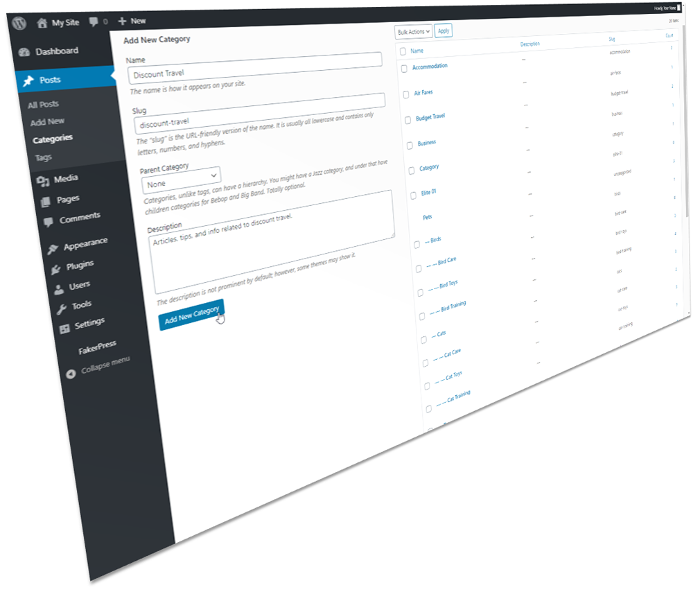 WordPress Post categories screen - Add New Category.