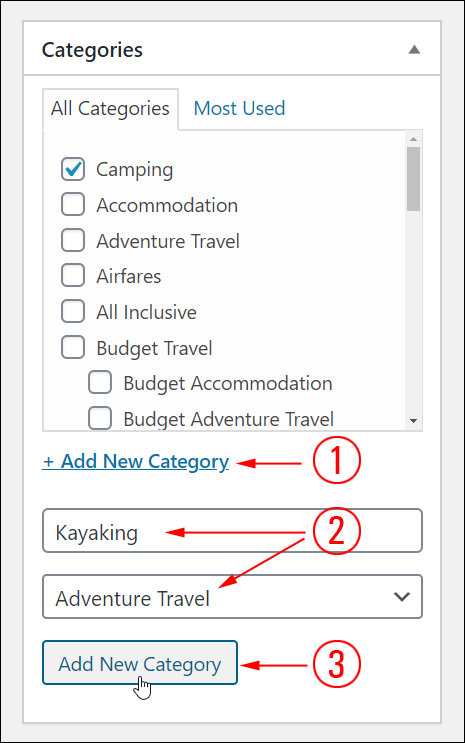 WordPress Post Category section - Add a new category steps