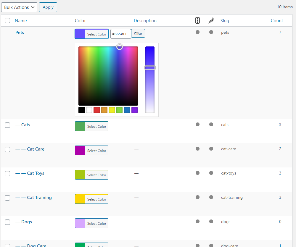 WordPress Table of Categories with Colorful Categories plugin installed.